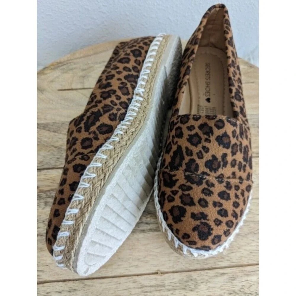 Womens Leopard Print Espadrille  7Platform SlipOn Flats Jute Sole Casual   NEW